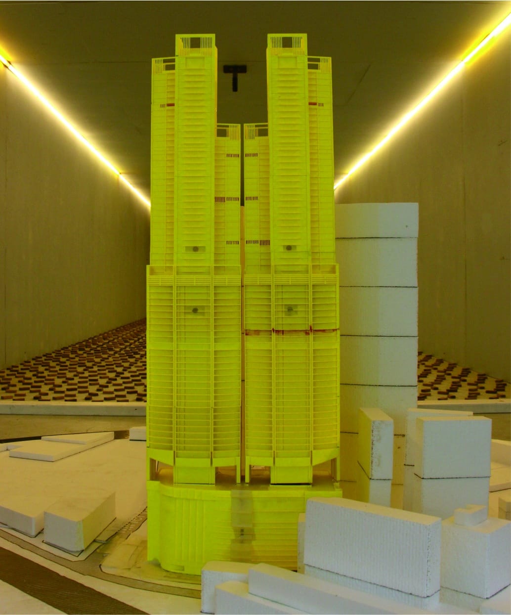 Photograph of our 3D-printed Wind Tunnel Model of Lokhandwala Minerva in our testing facility (View from the west)