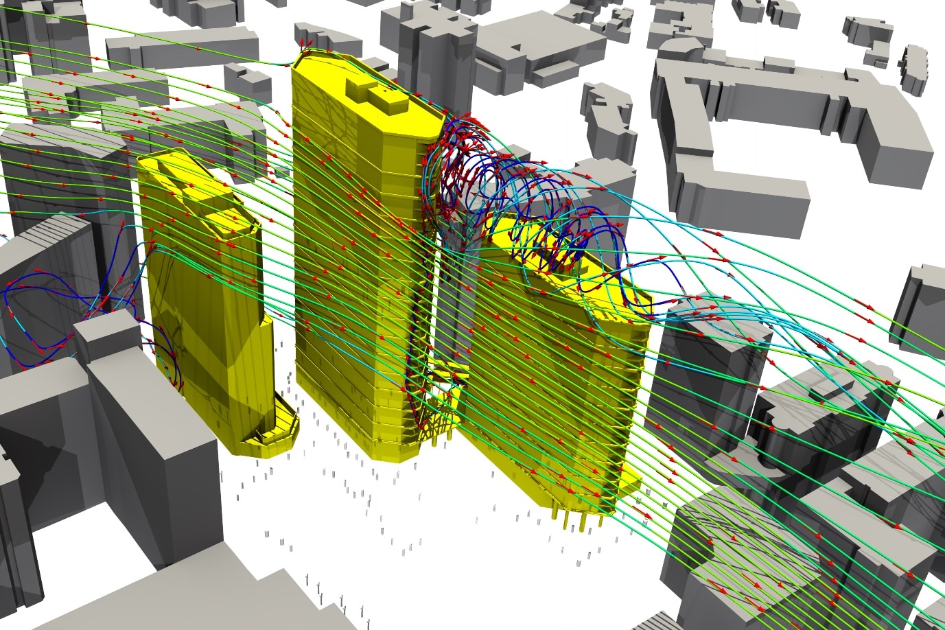 Render of Wind Flow Streams Around Building Generated by the CFD Analysis