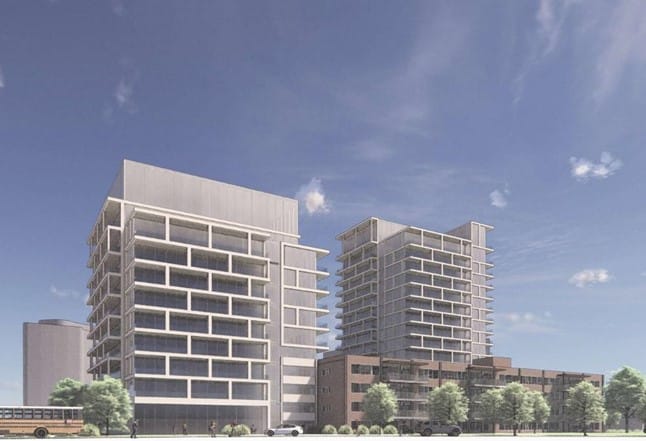 Rendering of the proposed development, looking northeast from Paperbirch Drive (Diamond Schmitt Architects)