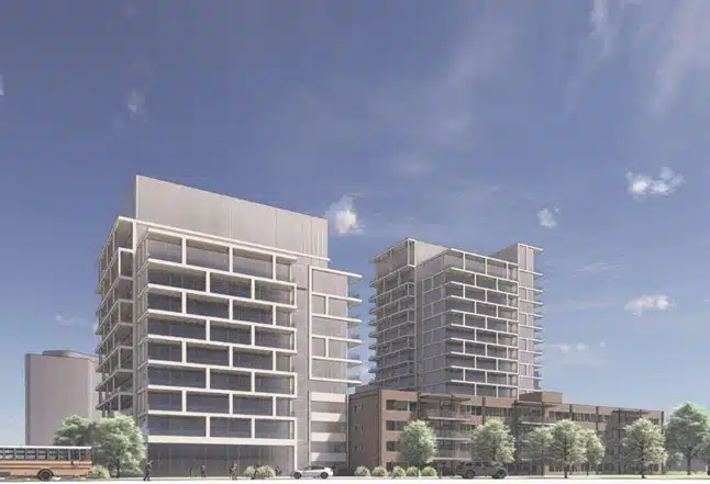 Rendering of the proposed development, looking northeast from Paperbirch Drive (Diamond Schmitt Architects)